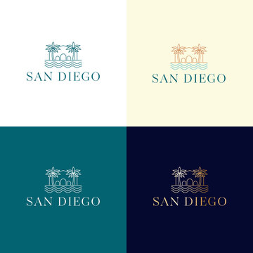 Vector logo template with villa and palm trees - abstract summer and vacation icon and emblem for vacation rentals, travel services, tropical spas and beauty studio. San Diego realty logo design