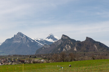 Four mountain peaks in the rhine valley in Switzerland
