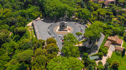 Aerial view of the Janiculan Hill, a hill in western Rome, Italy. The crest of the Janiculum is...