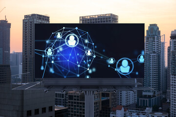 Glowing Social media icons on billboard over sunset panoramic city view of Bangkok. The concept of...