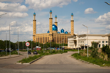 The modern mosque with blue domes in the Ust-Kamenogorsk city, Kazakhstan.