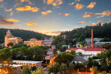 Hot Springs, Arkansas, USA townscape at dusk in the mountains.