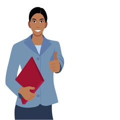 Portrait of a indian girl in a business suit and with a red folder for documents in her hand, vector isolated on a white background, thumb up gesture