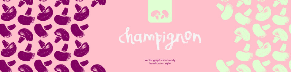 Vector banner template with mushrooms seamless pattern. Hand drawn mushroom ornament for packaging design. Label champignon, vegetable, vegan protein badge. Vegetarian food. Mushroom soup ingredients.