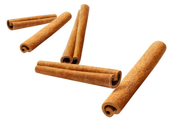 Flying cinnamon sticks, isolated on white background