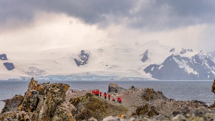 Antarktis Expeditionsteilnehmerbeobachten eine Pinguin Kolonie,  die raue Natur, Eis Gletscher und...