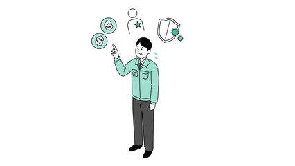 お金・人材・セキュリティのアイコンを指差す作業着の中年男性のイラスト、ベクター
