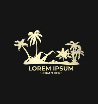 golden silhouette of palm trees and mountains on black background vector logo for business. golden palm and mountains vector logo