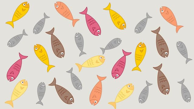 Several fish in random movements on a grey and green background - animation