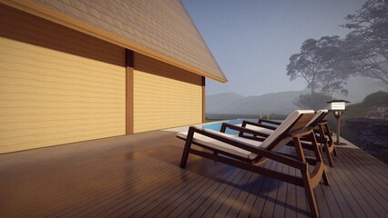 relaxation sunbed on the wooden deck 3d illustration