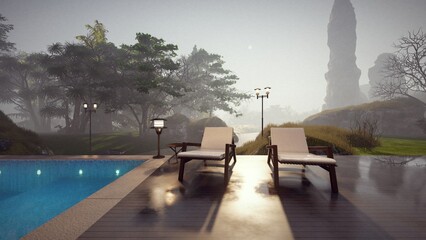 sunbed on the wooden deck with beautiful nature and fog background 3d illustration