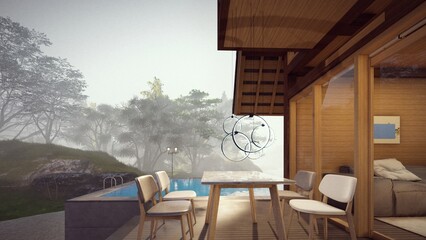sunbed on the wooden deck with beautiful nature and fog background 3d illustration