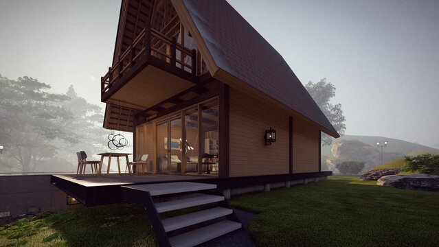 stair to wooden house with hanging terrace architectural concept 3d illustration