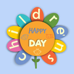 Greeting card on the International Children's Day. The inscription on the colored petals of a daisy, the doodles of children. Isolated vector illustration.