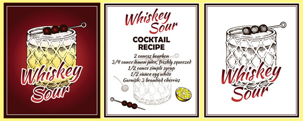 Sketch hand drawn poster of Whiskey Sour cocktail recipe isolated on white and red background. Drawing alcohol drink in glass with lemon juice, brandied cherry, bourbon. Bar menu.Vector illustration. - 506252176
