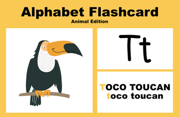Printable alphabet animal flashcards collection for learning english. Educational game for kindergarten and preschool kids. Cute cartoon characters. Vector illustrations.