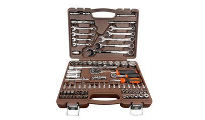 A set of mechanics tools for car service. Universal tool set for car repair isolated on white background. Tool kit for the car. Various metal tools