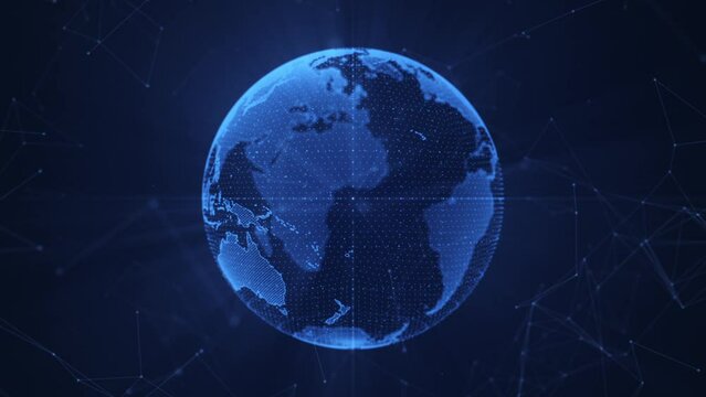 Spinning glowing digital globe with plexus lines and dots or nodes. Communication and global data network connections concept. This blue technology motion background is full HD and a seamless loop.