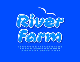 Vector blue emblem River Farm with handwritten Alphabet Letters, Numbers and Symbols set. Creative glossy Font