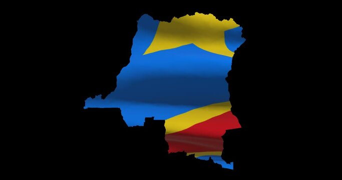DR Congo national flag on map outline, waving animation. 4K alpha channel graphic footage of country shape