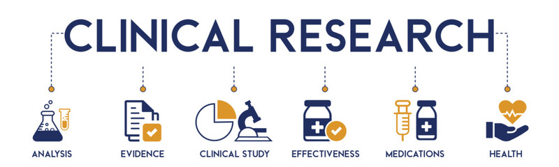 Banner of clinical research vector illustration concept pictogram with the icon of analysis, evidence, clinical study, effectiveness, medication and health. - obrazy, fototapety, plakaty