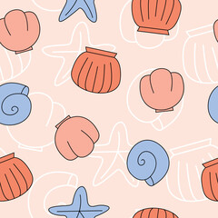 Trendy ornament. Seamless Vector pattern with Shells in Pink and Blue pastel colors for your prints.