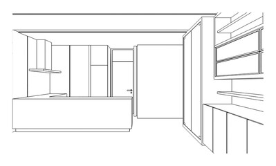 line drawing of kitchen,Modern design,3d rendering