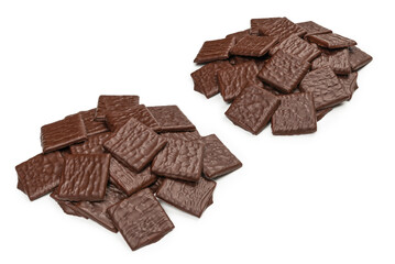 Dark chocolate candies isolated on white background.