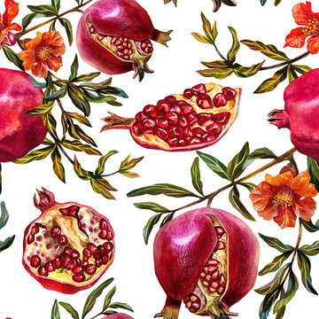 Pomegranate seamless pattern. Pomegranate fruit on a branch, open pomegranate, flowers. Watercolor illustration.