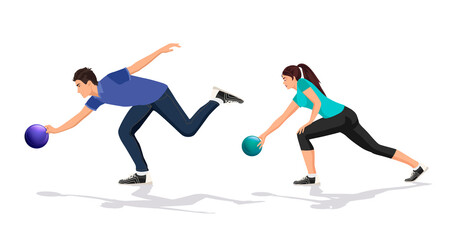 Isolated bowling players throw ball, alley, action, movement, playing, recreation. Young active healthy man, woman, boy, girl sport activity, training, men, women. People play. Vector illustration
