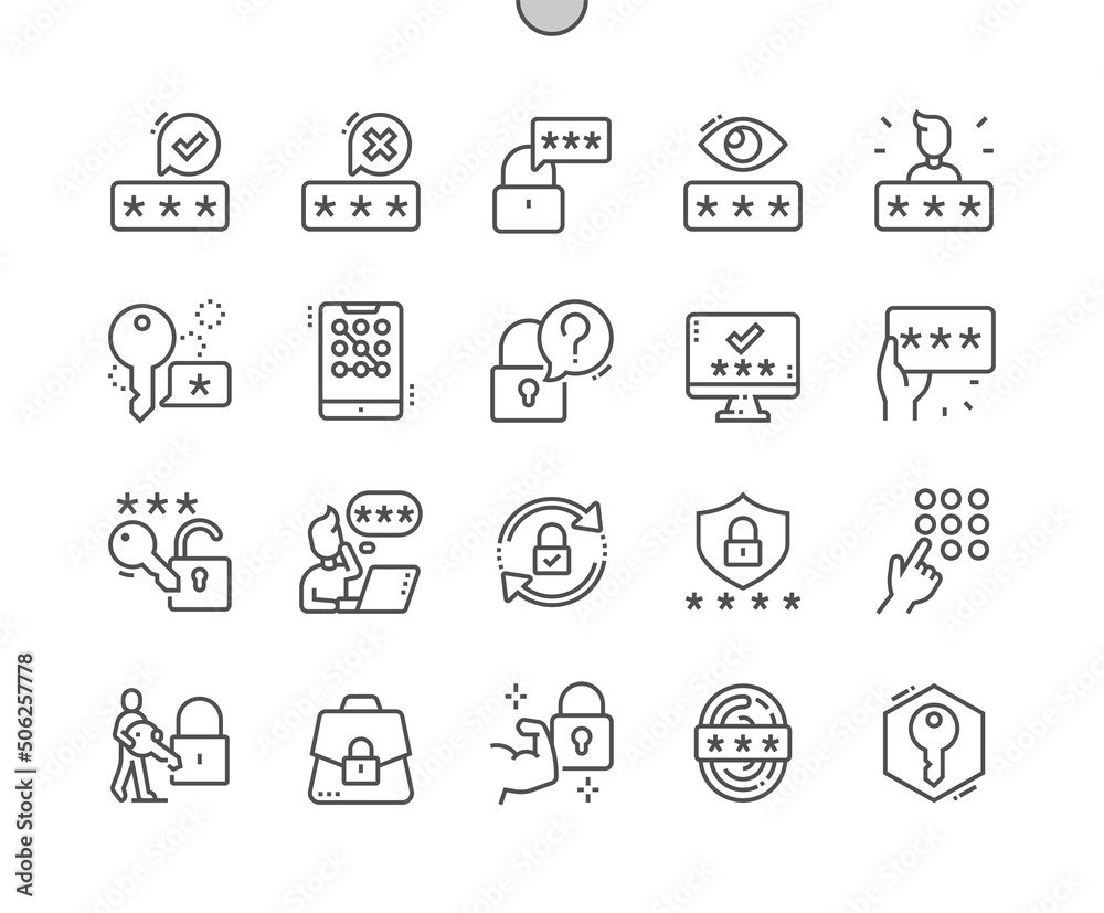 Poster password. login and key. fingerprint. forgot password. data security. pixel perfect vector thin line