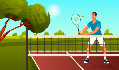 Young male, man, boy tennis player hit ball racket, playground, net, field. Outside, park, nature tennis action, activity, professional sportsman play, training, playing, workout. Vector illustration © GN.STUDIO