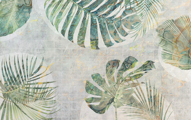 Fototapety  Tropical leafs on dirty grunge background with paint splashes. Design for wallpaper, photo wallpaper, fresco, etc.