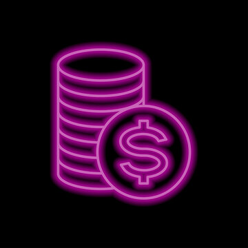 Dollar coins simple icon vector. Flat design. Purple neon style on black background.ai