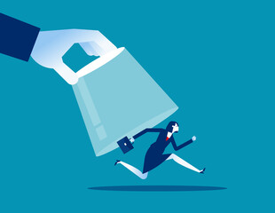 Businesswoman is buckled inside the glass bottle. Catch business person concept