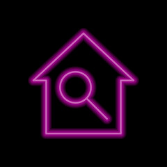 Magnifier, zoom, house simple icon vector. Flat design. Purple neon style on black background.ai