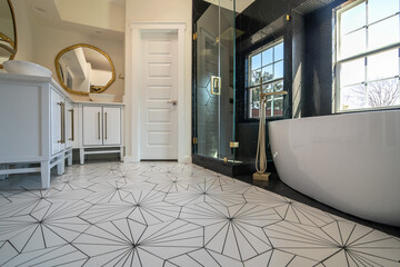 Black White mid-century modern bathroom hexagon tile, low viewpoint