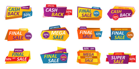Cashback labels set. Color stickers with cash back text tag. Promotion marketing elements. Super mega sale, discount bright design, special offers. Vector isolated illustration