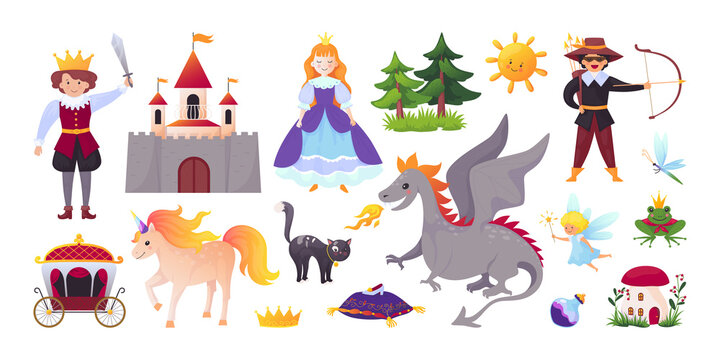 Fairy characters. Tale with cartoon king and queen. Unicorn or dragon. Medieval castle. Prince and princess. Horse with coach. Magic palace. Vector fiction story illustration elements set