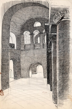 Hand drawn ink and pen interior sketch drawing of ancient orthodox church in Chernihiv