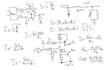 radio engineering schemes. electronic formulas and expressions. scientific and educational background. hand-drawn. vector.