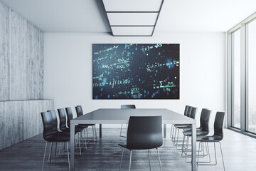 Creative scientific formula illustration on tv display in a modern presentation room, science and research concept. 3D Rendering