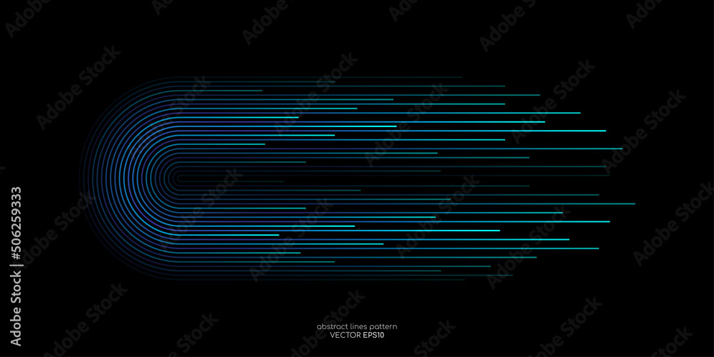 Poster Vector half circles lines flowing dynamic pattern in blue green colors isolated on black background for concept of AI technology, digital, communication, science, music