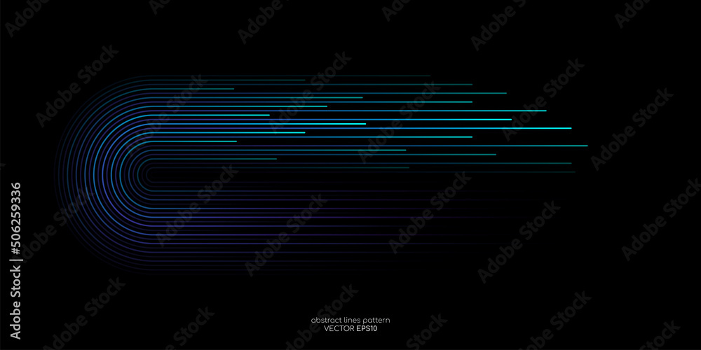 Poster Vector half circles lines flowing dynamic pattern in blue green colors isolated on black background for concept of AI technology, digital, communication, science, music