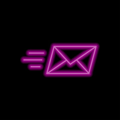 Send mail simple icon vector. Flat design. Purple neon style on black background.ai