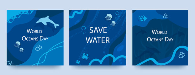 World oceans day poster set with blue background, liquid shapes and ocean elements. Layouts for printing, flyers, covers, banner design. Eco concept. Vector