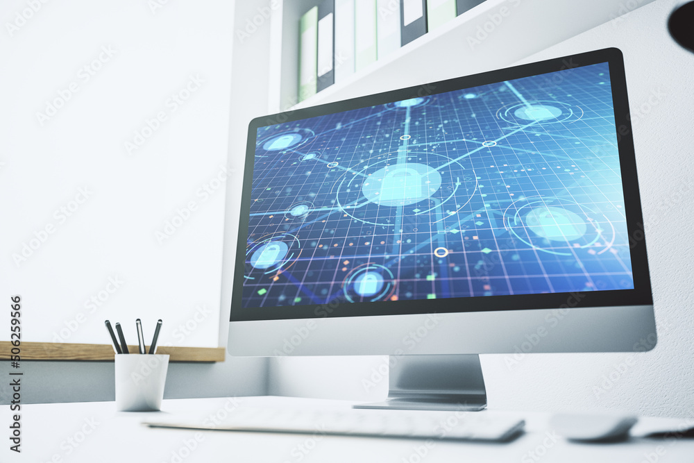 Poster Creative idea concept with lock symbol and microcircuit illustration on modern laptop screen. Protection and firewall concept. 3D Rendering