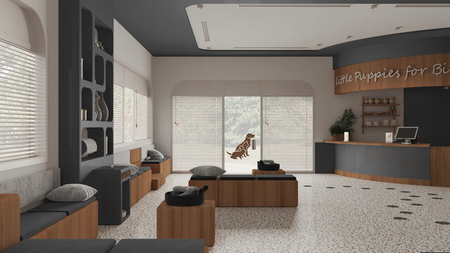 Veterinary hospital waiting room in gray and wooden tones. Sitting room with benches and pillows and reception desk. Bookshelf with pet food and water cooler. Interior design concept