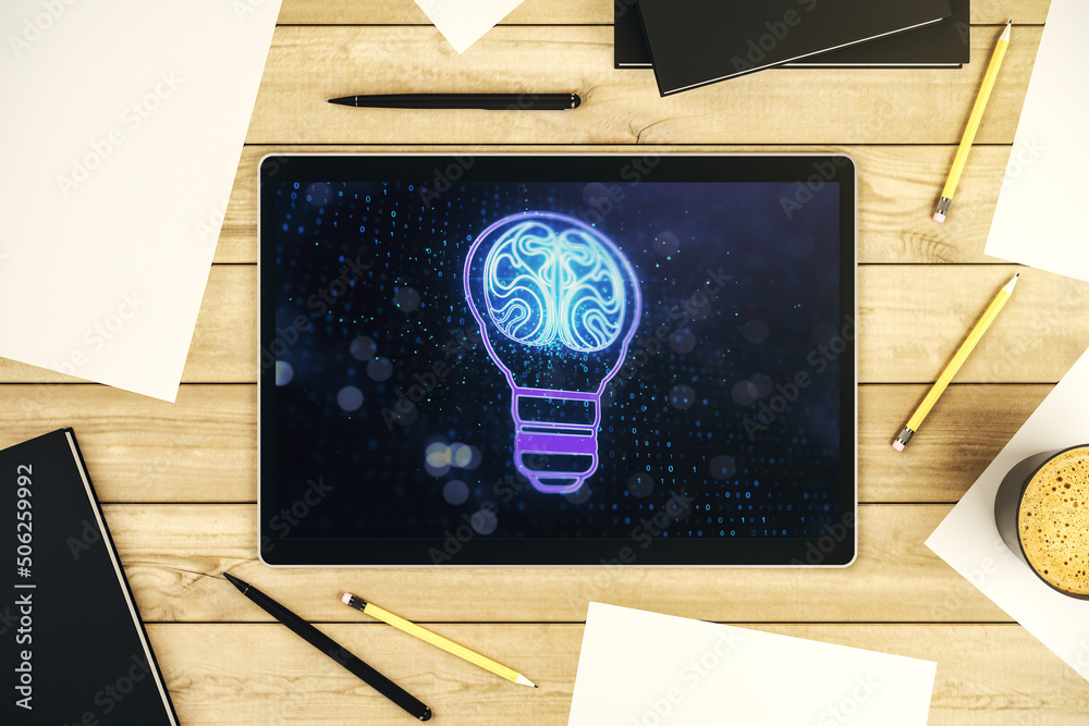 Poster Creative light bulb illustration with human brain on modern digital tablet screen, future technology concept. Top view. 3D Rendering