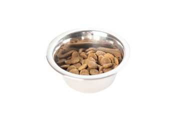 dog food, dry pet feed, pet treats in bowl isolated on white background